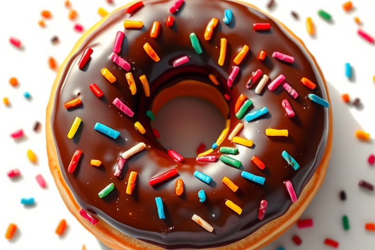 Create a highly detailed illustration of a chocolate frosted donut with colorful sprinkles on top, using a 50mm lens at f/2.8 for a shallow depth of field, in a bright, well-lit setting, with a DSLR camera capturing a top-down view to enhance texture and color richness.