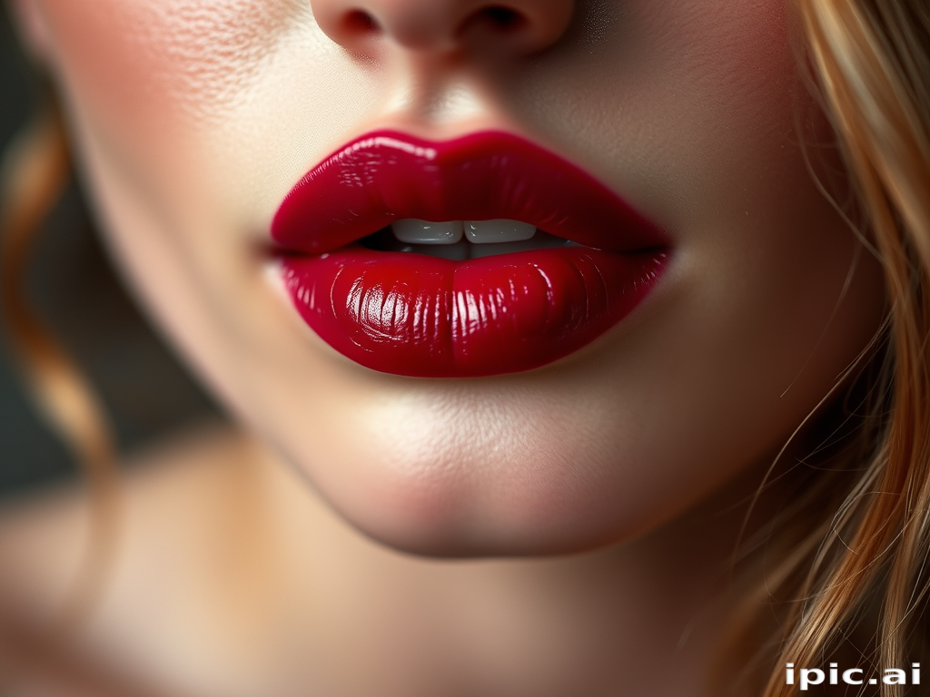 Luscious berry-stained lips with a just-bitten effect, creating a soft and romantic look, photographed in dreamy, diffused lighting for a ethereal atmosphere