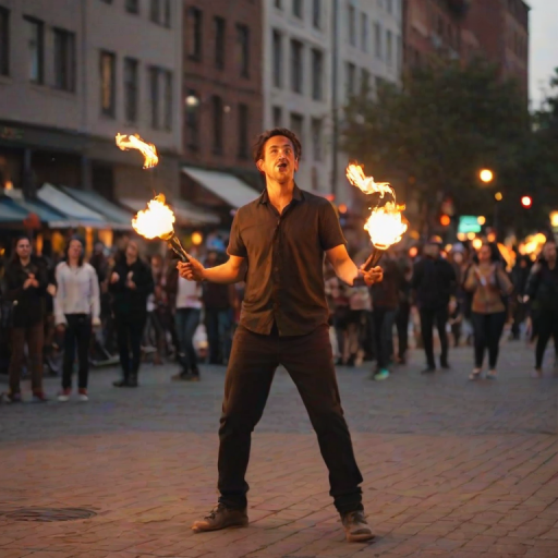 Blurry action shot of a street performer juggling flaming torches at dusk, sparks flying in the air, onlookers gathered around in awe, soft glow from nearby streetlights casting warm shadows, distant city buildings in the background.