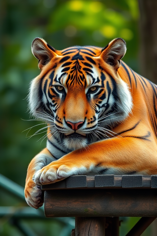 regenerate a close-up image of a tiger lounging on a wooden platform in a lush green environment with soft bokeh background, using a DSLR camera with a 50mm lens, aperture f/1.8, shutter speed 1/200s, ISO 100, and natural lighting to enhance clarity and detail