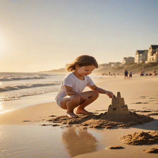 Warm, softly lit image of a child building a sandcastle on the beach, soft waves lapping at the shore in the background, distant seagulls flying overhead, sunlight glinting off the water, a sense of summer warmth and carefree joy.
