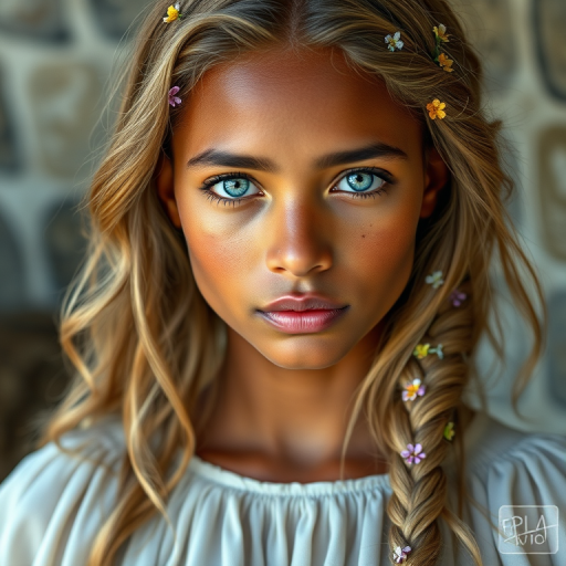 Create an image of a young Garifuna woman with long, wavy blonde hair, adorned with small, colorful flowers woven into her braids and loose strands. Her complexion is fair, with soft, glowing skin, and she has light blue eyes that gaze softly at the viewer. She wears a light, flowing dress with a gentle, ethereal quality, complementing her delicate and serene appearance. The background is slightly blurred, drawing focus to her tranquil expression and the intricate details of the flowers in her hair. The overall mood of the image is one of natural beauty and grace, evoking a sense of peacefulness and connection with nature.