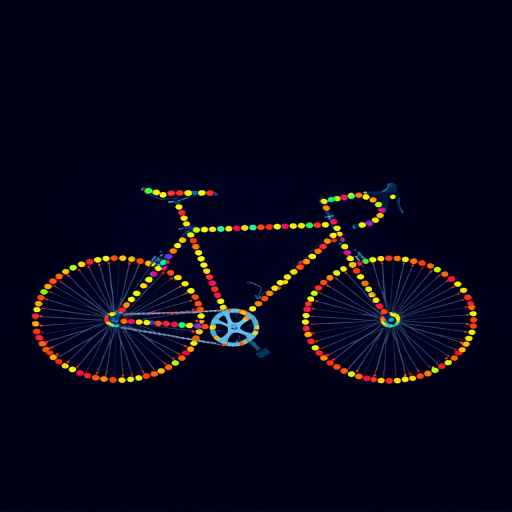 Create an abstract image of a bicycle composed of colorful dots against a dark blue background, using a DSLR camera with a 50mm lens, f/1.8 aperture, ISO 200, shot from a side view in natural lighting to enhance image clarity and detail.