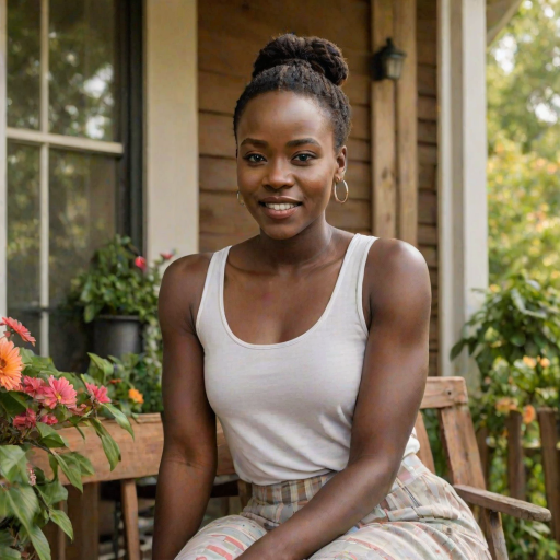 A photo of Lupita Nyong'o with a background of a cozy porch. She has dark hair pulled back in an updo, with tendrils framing her face. She wears a white tank top and sits on the porch. The porch is part of a well-lit home with a warm, earthy tone and colorful flowers and foliage. The overall scene has a warm, welcoming, and comfortable ambiance.