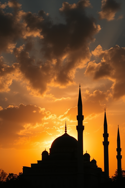 silhouette of a mosque at sunset with dramatic clouds and sun setting behind, captured with a DSLR camera using a 50mm lens at f/1.8, ISO 100, shutter speed 1/200s, shot from a low angle to enhance the prominence of the mosque and its minarets