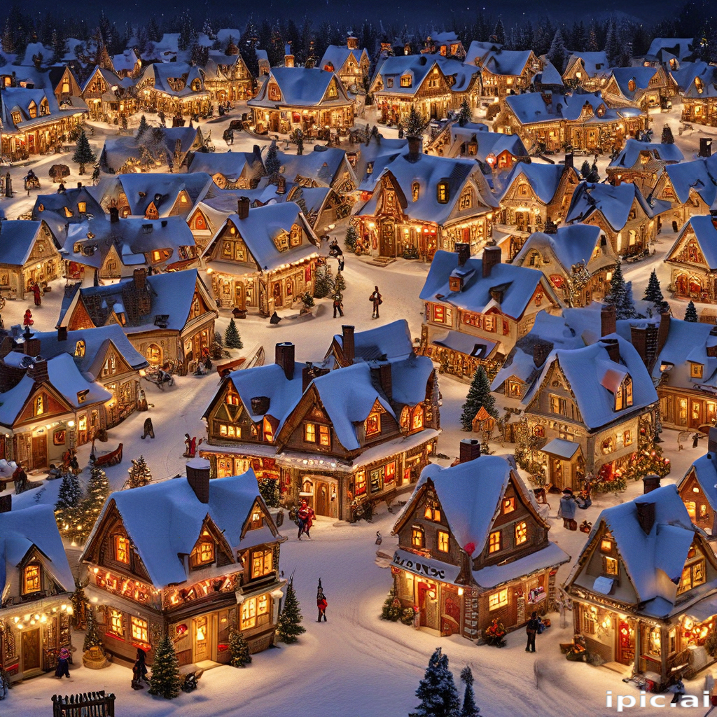 Enchanting Winter Village Scene Illuminated by Warm Holiday Lights at Night