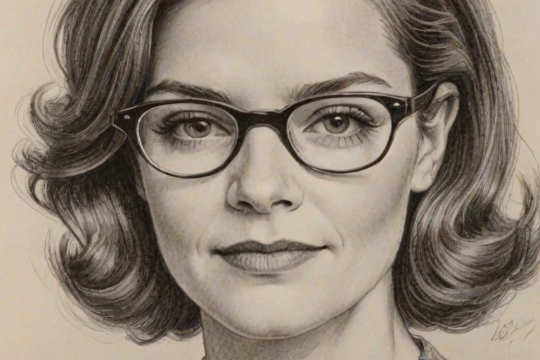 Captivating Betsy Brandt, pencil sketch, portrait of Lovely woman 1932s in glasses, hair style beatnik, outline, clear lines, fine lines, 8k