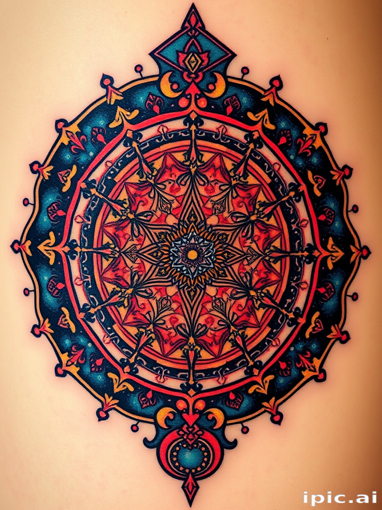 Neotraditional celestial mandala tattoo adorned with intricate constellations, swirling galaxies, and sacred geometry symbols, rendered in rich jewel tones and metallic accents for a mesmerizing three-dimensional effect