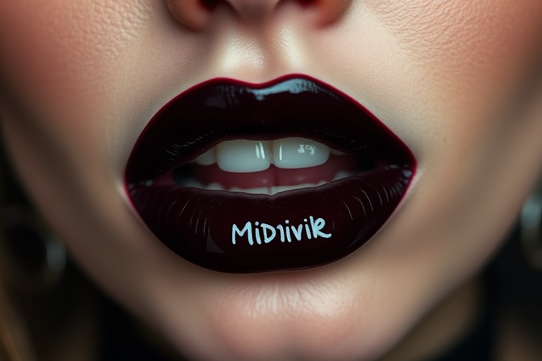 Glossy black cherry lips dubbed "Midnight Velvet" offer a deep, sultry look with a high-shine finish, ideal for gothic and edgy fashion enthusiasts
