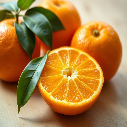 Create a realistic image of fresh oranges with one orange sliced in half and two whole oranges beside it, featuring a green leaf on one orange, using a DSLR camera with a 50mm lens, aperture set to f/1.8 for a shallow depth of field, 1/200s shutter speed, ISO 100, and natural light for vibrant colors.