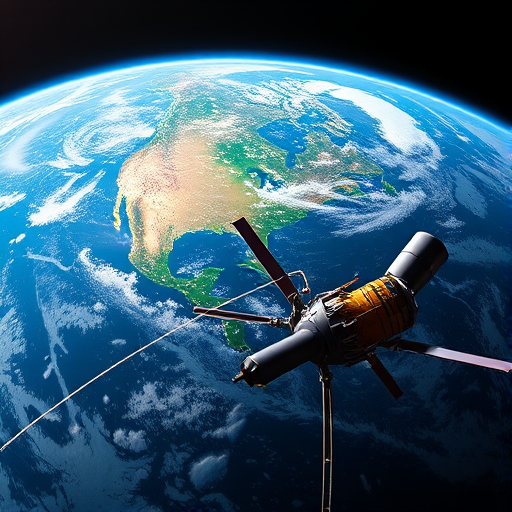 a detailed view of Earth from space with Sputnik satellite in orbit, high-resolution, wide-angle lens, f/11 aperture, ISO 100, 1/500 sec shutter speed, digital DSLR camera, vibrant colors and enhanced contrast