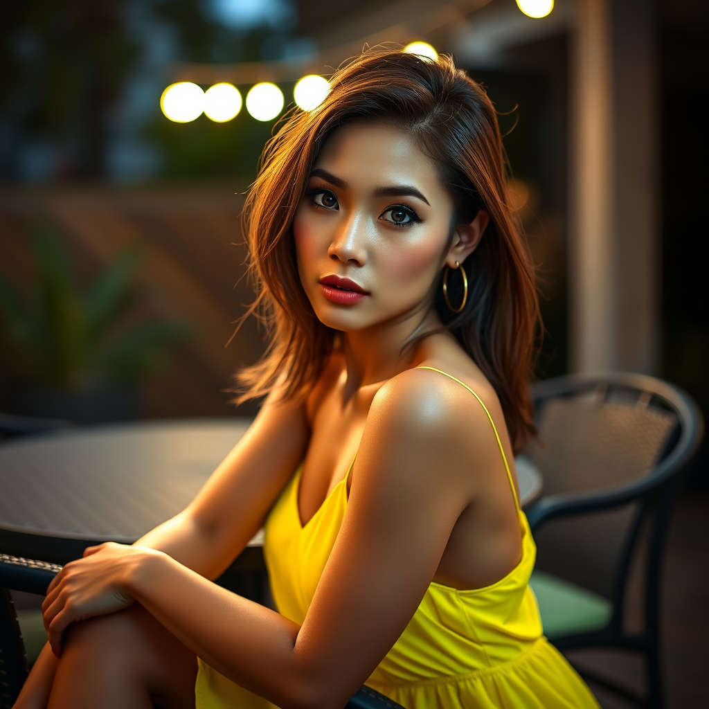 Alluring photo of woman:Filipino:0.4, highlight hair, wearing Neon dress, sitting on Patio furniture, rim lighting, studio lighting, looking at the camera, dslr, ultra quality, sharp focus, tack sharp, dof, film grain, Fujifilm XT3, crystal clear, 8K UHD, highly detailed glossy eyes, high detailed skin, skin pores