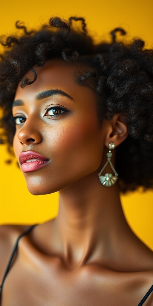 portrait of a woman wearing unique silver earrings against a vibrant yellow background, shallow depth of field, natural light, 50mm lens, f/1.8 aperture, ISO 100, soft focus effect