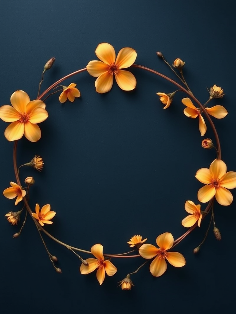 Generate a floral circular decorative design with soft orange flowers and delicate vines on a dark blue background, camera settings: aperture f/4, ISO 100, shutter speed 1/125s, camera view: top-down perspective, camera style: minimalistic, camera type: DSLR.