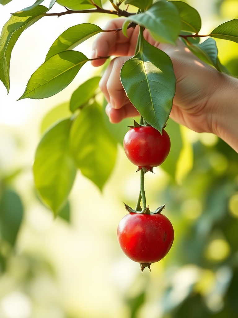 Create an illustration of a hand reaching for two ripe red fruits hanging from a green leafy branch, captured with a Canon EOS R5, 50mm lens, aperture f/2.8, ISO 100, natural lighting, shallow depth of field.
