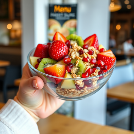 A close-up shot of a person holding a clear bowl of colorful fruit including strawberries, kiwi, pomegranate, and granola, with a blurred restaurant menu in the background, taken with a DSLR camera at f/1.8 aperture, 50mm lens, ISO 200, and a shallow depth of field for a soft bokeh effect.