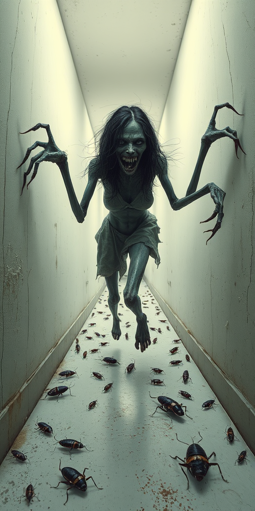 a crooked female with long arms and a creepy smile is crawling along a long white corridor and you can also see cockroaches in it there is a creepy atmosphere creepy art style