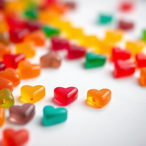 photograph of colorful gummy hearts arranged in rows, macro lens, f/2.8 aperture, 50mm lens, soft focus background, studio lighting, DSLR camera