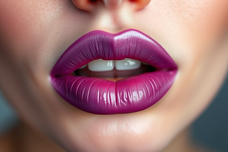 Ombre lips transitioning from deep plum to soft lavender, blended seamlessly for a gradient effect, enhancing the fullness and creating a mesmerizing visual impact