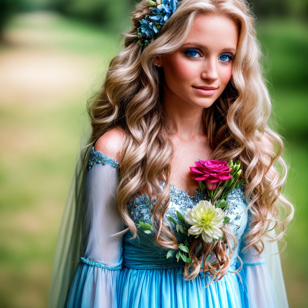 Realistic photography of a blonde bride with very long curly hair and ...