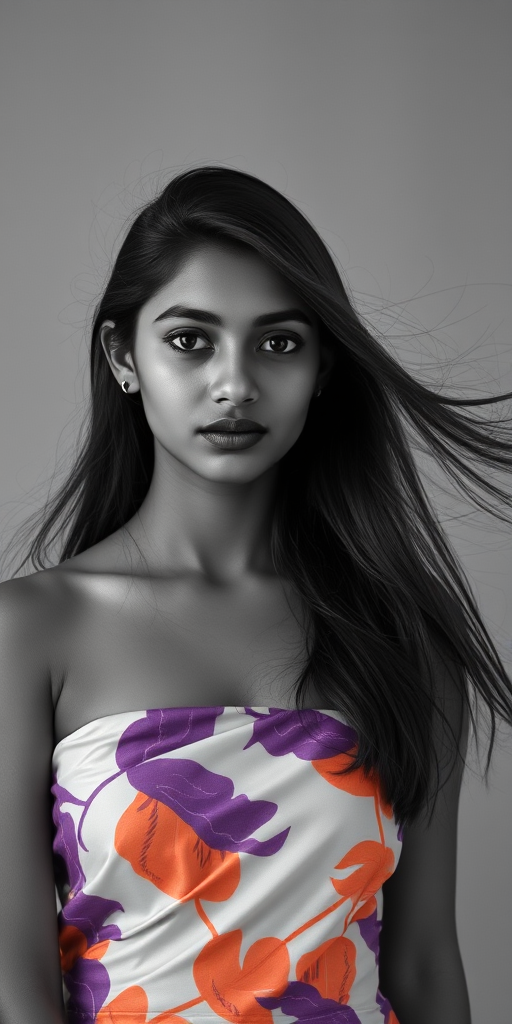 Photographic image of a beautiful young Sri Lankan woman, black eyes, lips with black lipstick, long hair fluttering in the wind and wearing a silk strapless dress with a soft purple and orange print. monochrome image with only color highlights in the iris of the eyes, lipstick and dress. Gray background.