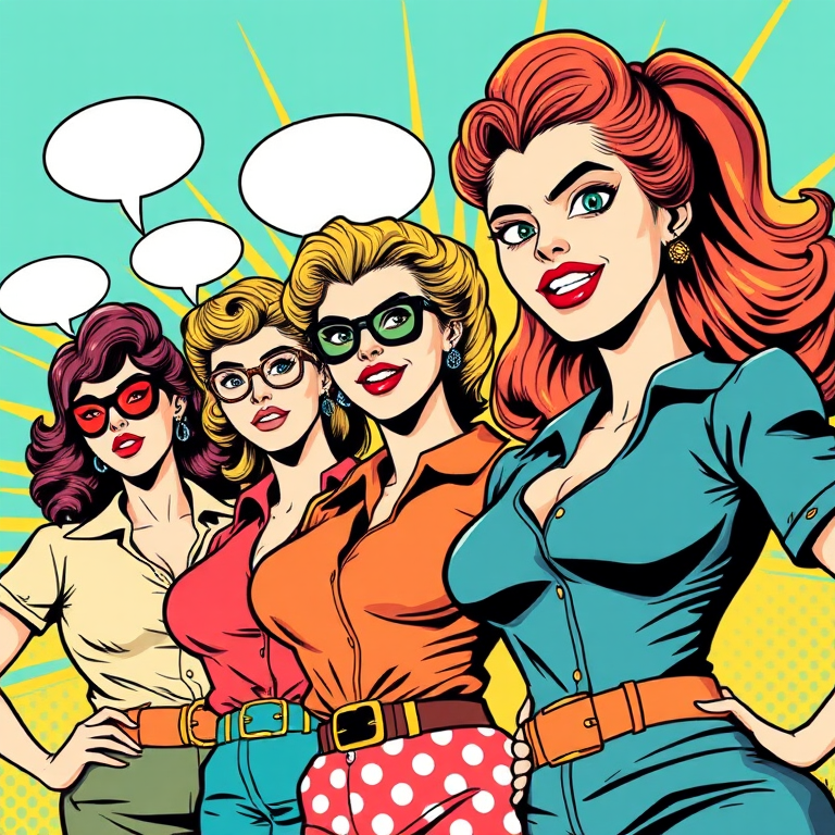 Create a vibrant comic-style illustration featuring powerful women in retro attire, include speech bubbles for dialogue, use a DSLR camera with a 50mm lens, aperture set to f/2.8 for depth of field, and a bright color palette to enhance visual impact, capture from a slightly elevated angle for dynamic composition.