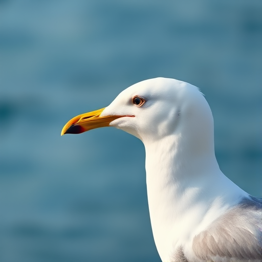 A close-up of a seagull's profile against a soft blue ocean background, using a Canon EOS R5 camera, 85mm lens, aperture f/1.8, ISO 100, 1/2000 sec shutter speed, with a shallow depth of field to enhance clarity and focus on the seagull.