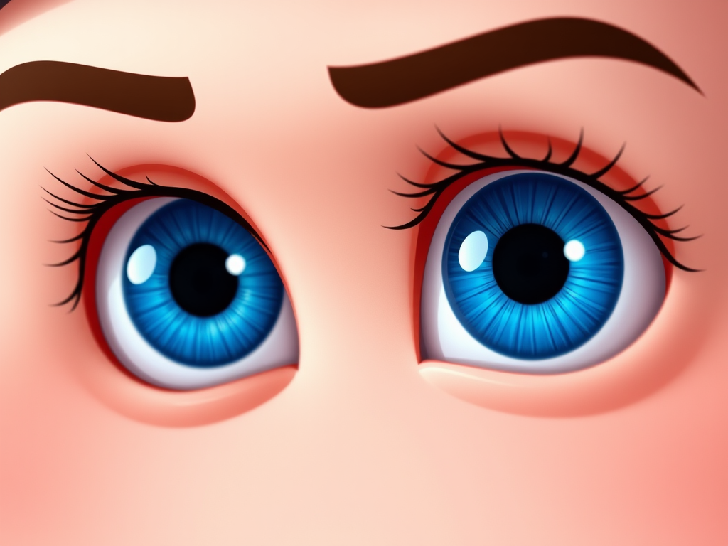 Generate a high-resolution image of two cartoon-style blue eyes with detailed irises and highlights, using a DSLR camera with a 50mm lens, f/1.8 aperture, 1/200 shutter speed, and natural soft lighting.