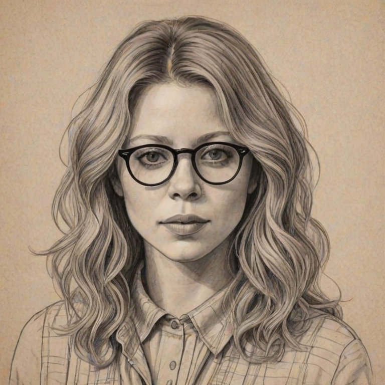 Graceful Natasha Lyonne, pencil sketch, portrait of Pleasing woman 1922s in glasses, hair style beatnik, outline, clear lines, fine lines, 8k