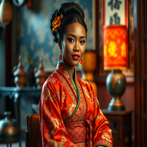 A beautiful Afro-Caribbean woman in traditional East Asian attire, intricately detailed with embroidered patterns, sitting gracefully in a richly decorated room, soft ambient lighting, serene and elegant, ultra-realistic, 8K resolution