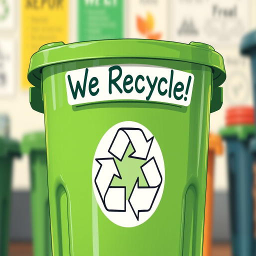Create a detailed illustration of a green recycling bin labeled "We Recycle!" featuring a prominent recycling symbol, in a bright, engaging style, shot with a Canon EOS 5D Mark IV, aperture f/4, ISO 100, focal length 50mm, in a well-lit environment to enhance colors and clarity.
