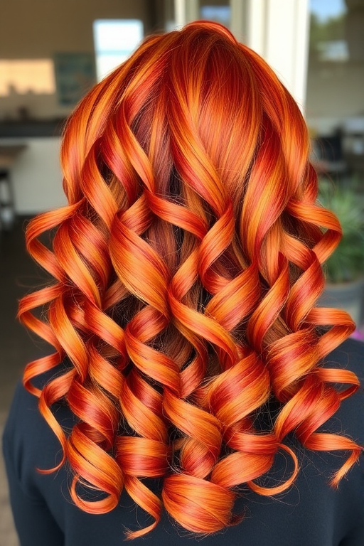 Radiant copper curls named "Autumn Aria" boast a rich, multidimensional blend of warm orange and red tones, styled in voluminous ringlets with golden highlights