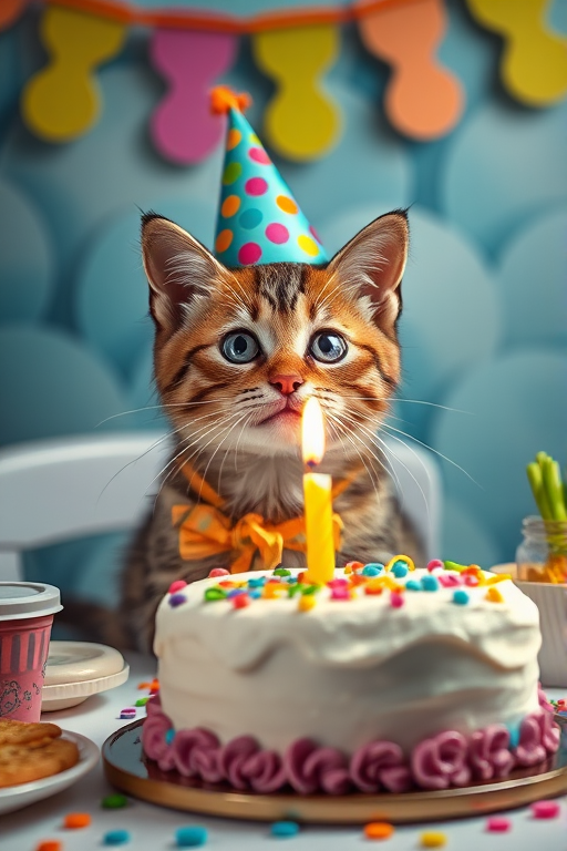 A cute cat wearing a birthday hat sitting at a table with a birthday cake featuring a candle on it surrounded by colorful food decorations and a festive atmosphere