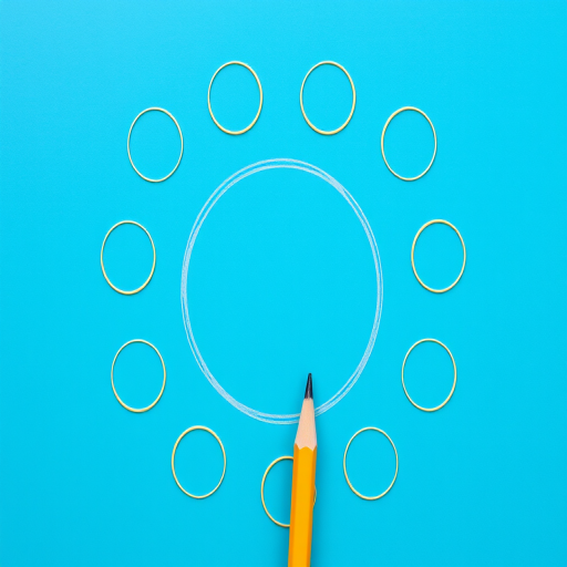 Create an image of a yellow pencil drawing a circle on a blue background featuring twelve empty circles around it, captured with a Canon EOS 5D Mark IV at f/8, ISO 100, 1/125 sec, in a flat lay perspective with vibrant colors for enhanced clarity.