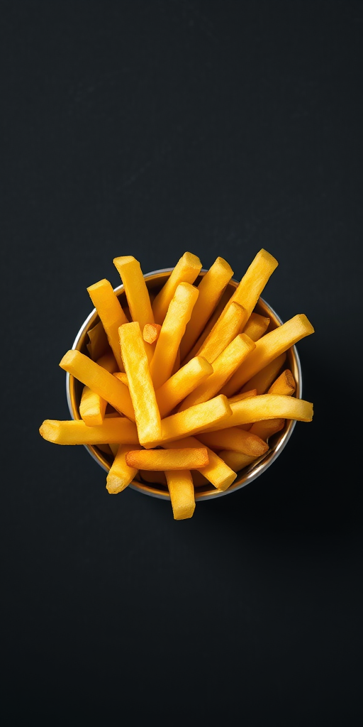 photograph of a bucket of golden French fries on a dark textured background, using a DSLR camera with a 50mm lens, aperture f/2.8, ISO 100, shutter speed 1/125s, top-down view, natural lighting for enhanced detail and contrast
