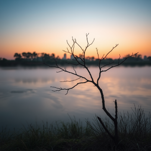 Capture a serene dusk landscape by a river with soft mist, focusing on the foreground with a silhouetted tree branch, using a Canon EOS R with a 50mm lens, set at f/2.8, ISO 800, and a shutter speed of 1/60 seconds for enhanced depth and clarity.