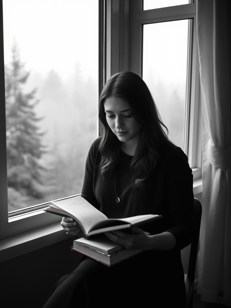 portrait of a woman writing in a book by a window with a misty forest view, soft natural light, focus on the subject with a shallow depth of field, camera settings: f/2.8, ISO 100, shutter speed 1/125s, DSLR camera, 50mm lens, black and white style