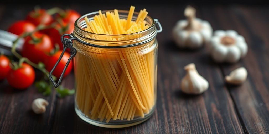 Close-up shot of a glass jar filled with uncooked spaghetti on a dark wooden surface, with cherry tomatoes and garlic cloves in the background, natural light, aperture f/2.8, shutter speed 1/60s, ISO 200, DSLR camera, 50mm lens.