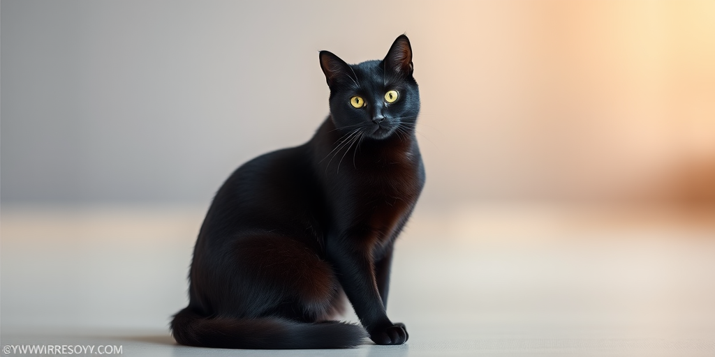 Create a high-resolution image of a stylized black cat sitting gracefully, captured with a DSLR camera, aperture set to f/2.8 for a shallow depth of field, ISO 100 for clarity, and a focal length of 85mm to ensure detailed focus on the cat against a softly blurred background.