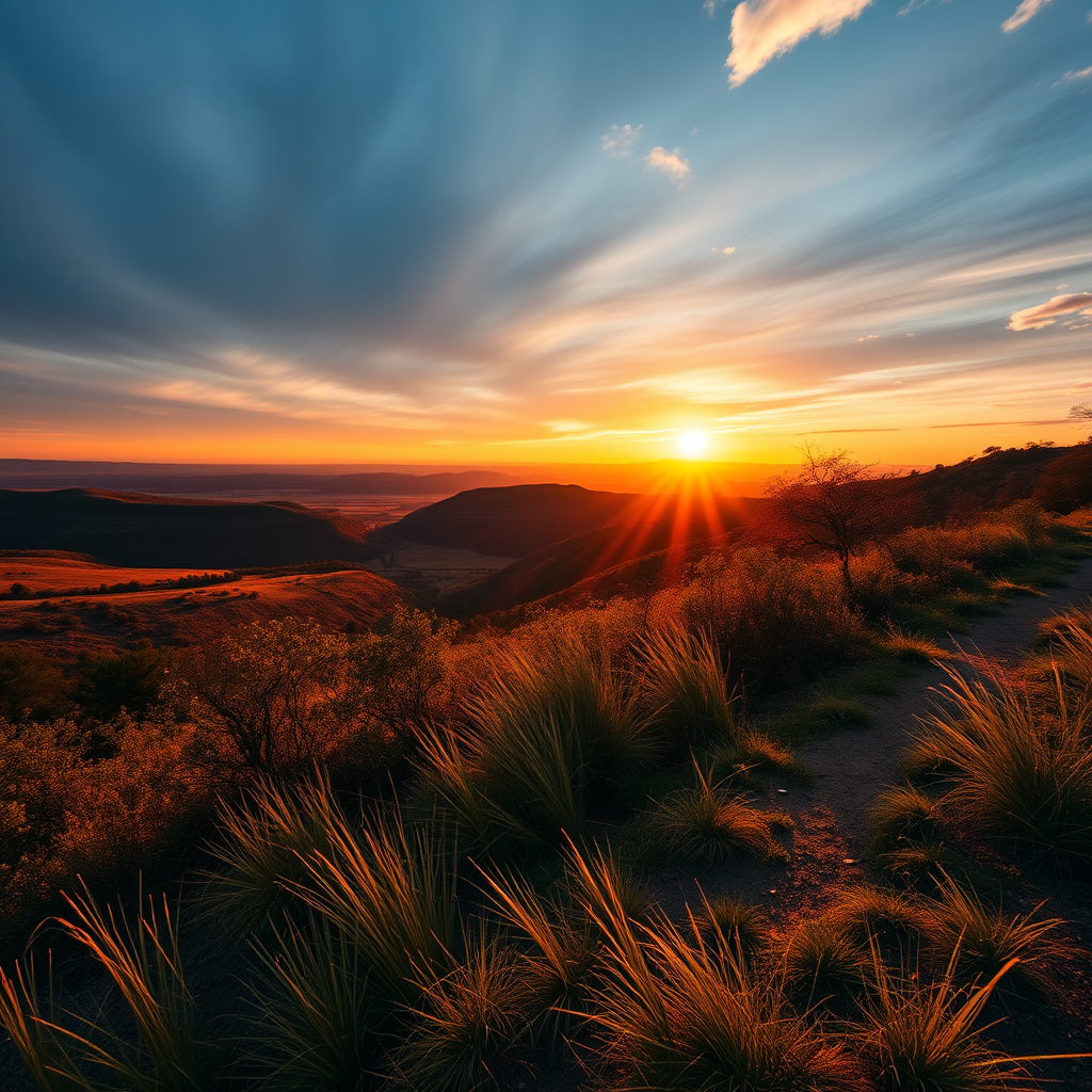 Generate a vibrant landscape scene during golden hour, with soft lighting and dramatic shadows, using a Canon EOS R5, 50mm lens, aperture f/1.8, ISO 100, shutter speed 1/250s, shot from eye level in a wide-angle view.