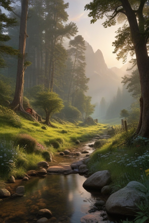 Serene Morning Light Over a Tranquil Stream in Majestic Mountain Landscape