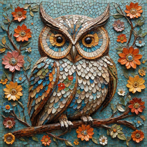 A mosaic of floral owls, each owl intricately composed of individual flower blossoms. The design showcases a delicate balance of nature and form, where the feathers of the owls are replaced by vibrant petals and blooms. The overall appearance is whimsical yet detailed, with each floral element contributing to the intricate patterns of the owl’s body. The artwork embraces a raw, organic style, with natural hues and soft textures, creating a harmonious blend of flora and fauna. The mosaic arrangement adds depth and visual intrigue to the piece, evoking a sense of wonder and artistic beauty.