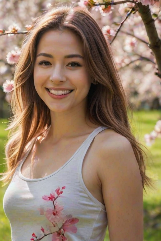 a young woman with long hair smiling in a blooming cherry blossom tree setting, wearing a light tank top, sunlight filtering through the branches, spring atmosphere