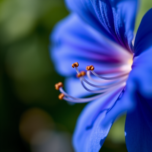 Generate a vibrant close-up of a blue flower with intricate details, using a macro lens, f/2.8 aperture, ISO 100, natural light, shallow depth of field, and a soft bokeh background to enhance the flower's colors and textures.