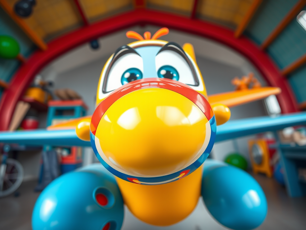 Create a detailed, colorful illustration of a cartoon airplane character with exaggerated features, in a playful setting, using a DSLR camera with a 50mm lens, aperture f/1.8, ISO 100, from a low angle perspective to enhance the vibrant colors and depth.