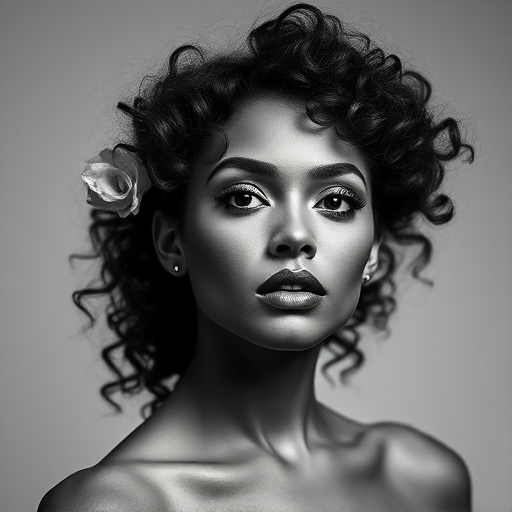 Create a high-resolution image of a stylized black and white portrait of a woman with curly hair and bold makeup, using a DSLR camera with a 50mm lens, aperture set to f/1.8, ISO 100, shutter speed 1/200s, captured from a straight-on view.