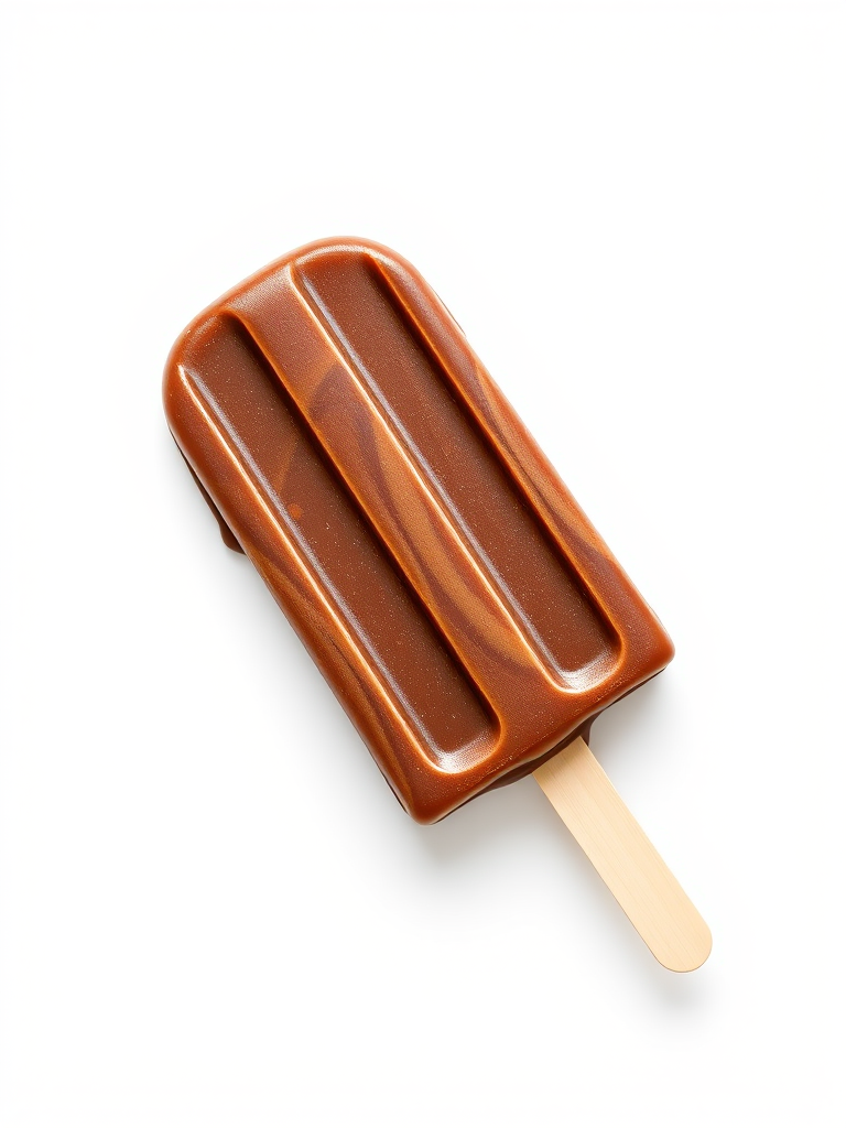 Create a high-resolution image of a chocolate popsicle on a clean, white background, using a DSLR camera with a 50mm lens, aperture set to f/2.8, ISO 100, and 1/200 sec shutter speed, using a soft light setup for enhanced clarity and detail.