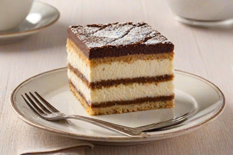 Generate an image of a delicious layered dessert with a creamy, light-colored filling and a dusting of cocoa powder on top. The dessert should have a smooth texture and visible layers, with biscuit or cake components. Include a slice on a decorative plate with a fork beside it, showcasing the cross-section and inviting presentation. The background should be soft and neutral to highlight the dessert.