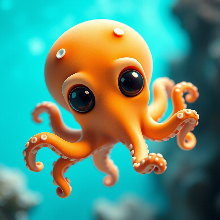 create a cute cartoon octopus with big eyes swimming in a light blue underwater scene, soft light, focal length 50mm, aperture f/4, ISO 100, taken with a DSLR camera for high clarity