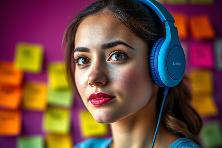 portrait of a young woman with blue headphones, vibrant colorful background with sticky notes, natural soft lighting, shallow depth of field, 50mm lens, f/1.8, ISO 200, captured with a Canon EOS R5